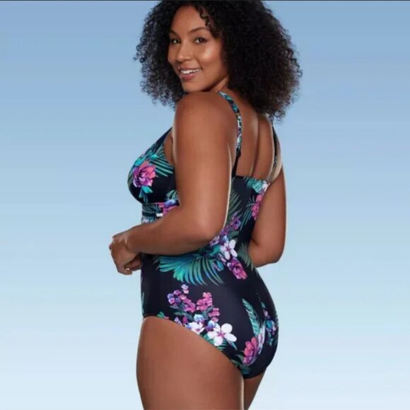 Waist Detail Over the Shoulder One Piece Swimsuit - Aqua Green® Black Floral S - Picture 1 of 8